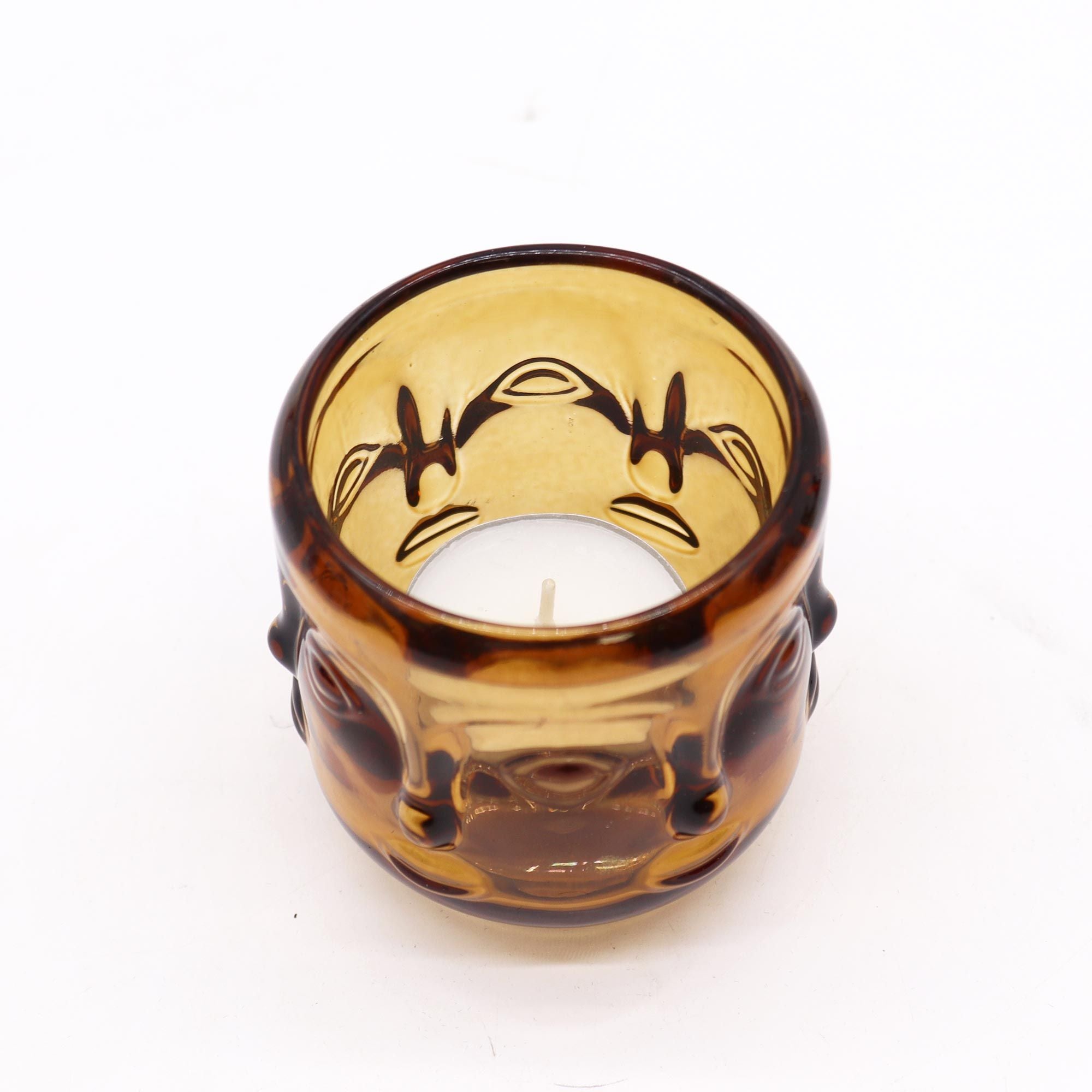 Buddha Faces Candle Jar - Antique Amber