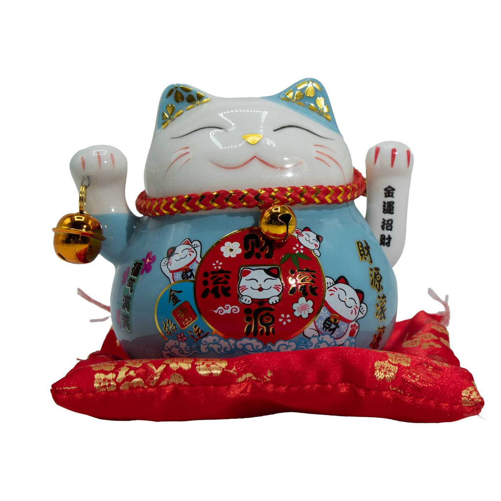 Ceramic Money Cat Moving Hand  - Blue on Cushion