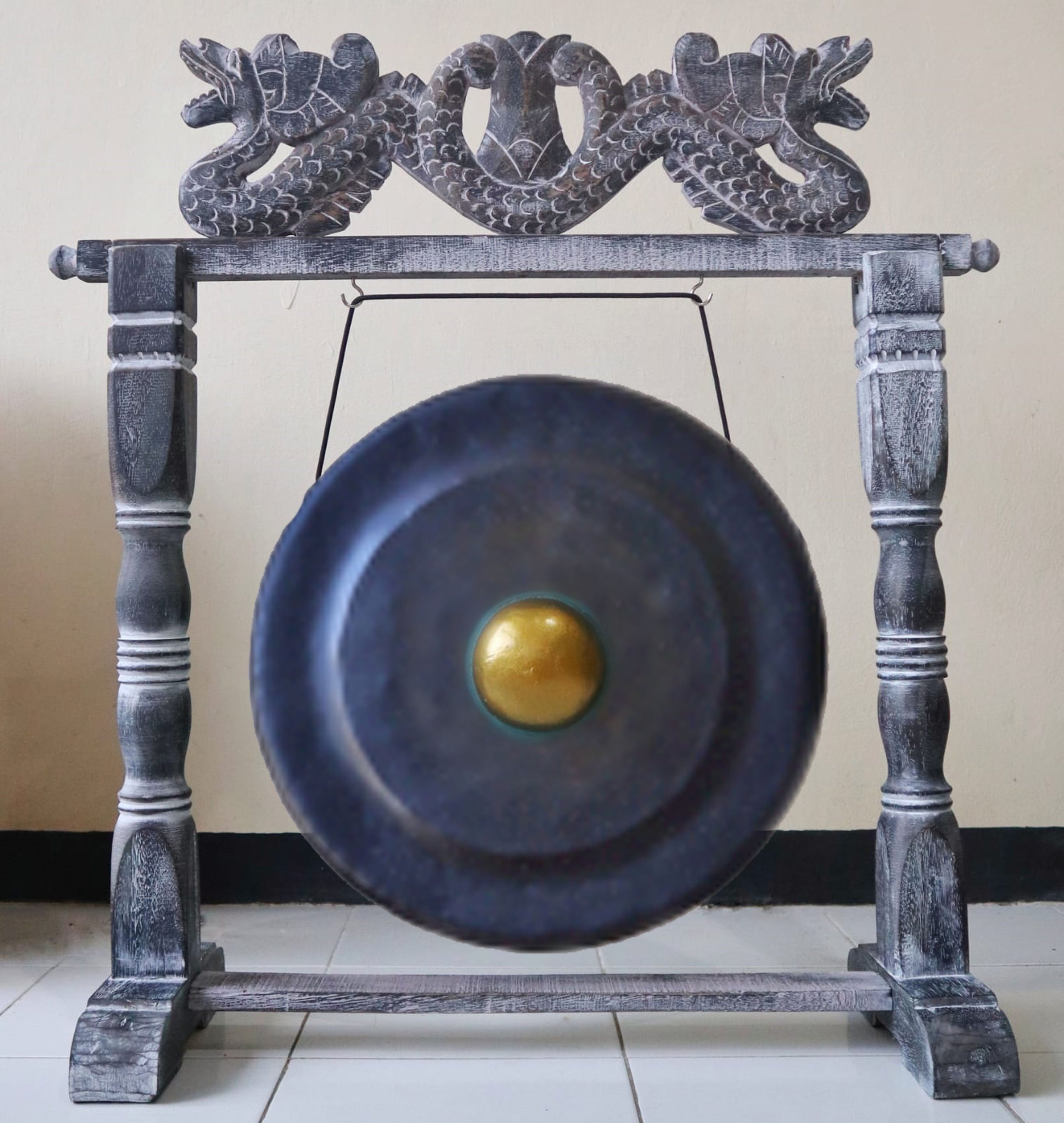 Large Gong in Brown Antique Stand - 80cm - Black